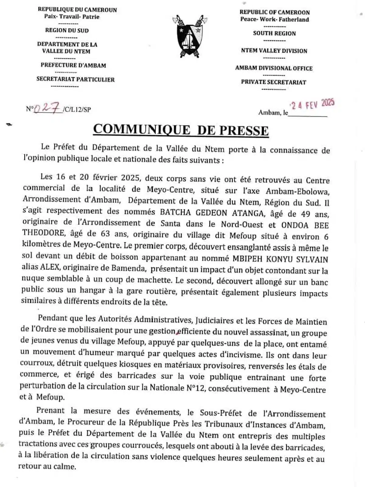 VAGUE DE CRIMES A MEYO-CENTRE : LE PREFET DE LA VALLEE DU NTEM BRISE LE SILENCE 