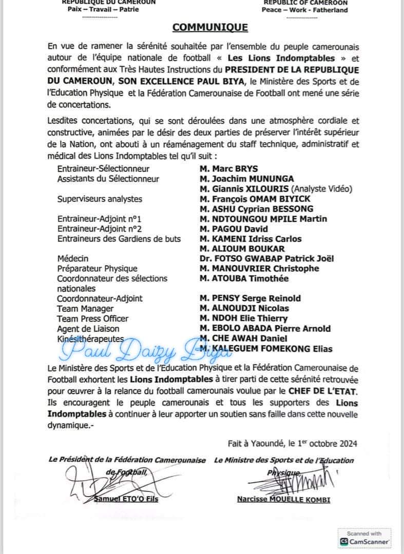 NOMINATION D'UN STAFF CONSENSUEL POUR L’EQUIPE NATIONALE DE FOOTBALL DU CAMEROUN : UNE ENTENTE ENTRE LE MINSEP ET LA FECAFOOT